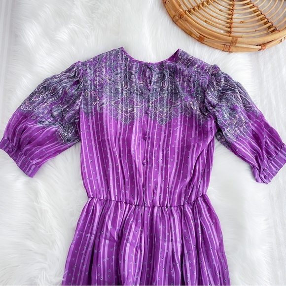 Vintage Hanae Mori New York VTG Chiffon Paisley Stripe Dress Purple - Picture 4 of 16